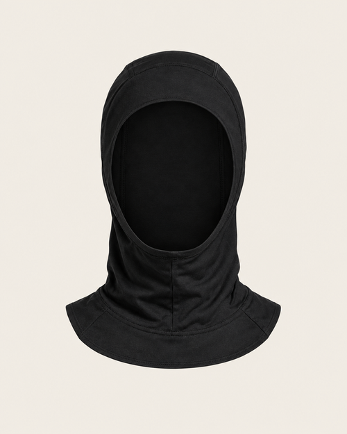 Cagoule hijab de sport DAWS noire, vue produit isolée sur fond beige